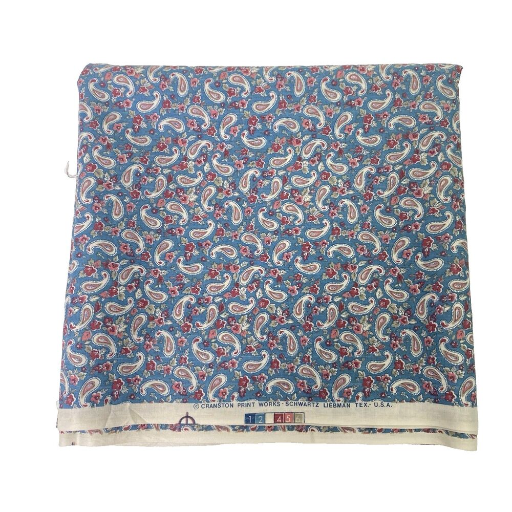 Blue Paisley & Flowers Fabric by Cranston Print Works Schwartz Liebman Tex. USA